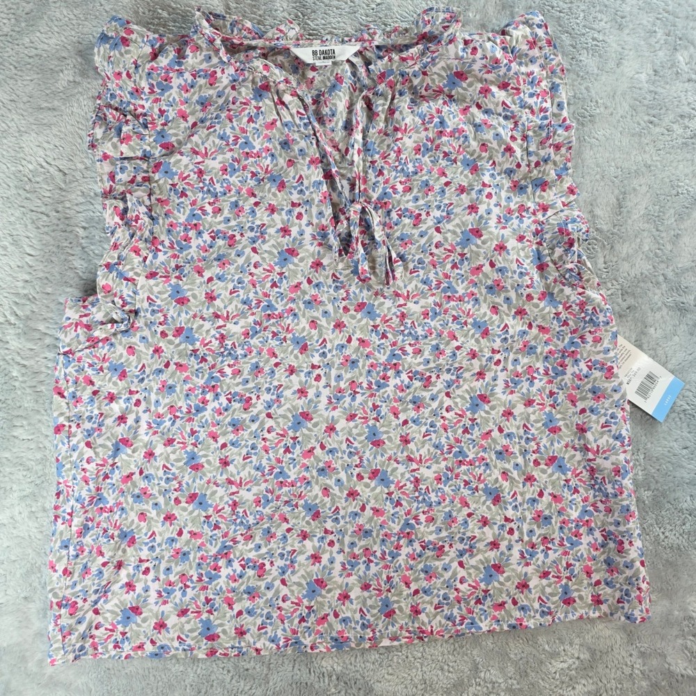 BB Dakota Steve Madden Women Large Pink Blue Ditsy Floral Flutter Sleeve Blouse